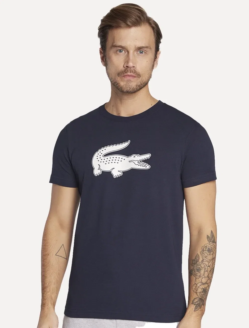 Camiseta Lacoste Masculina Jersey Sport 3D White Logo Azul Marinho