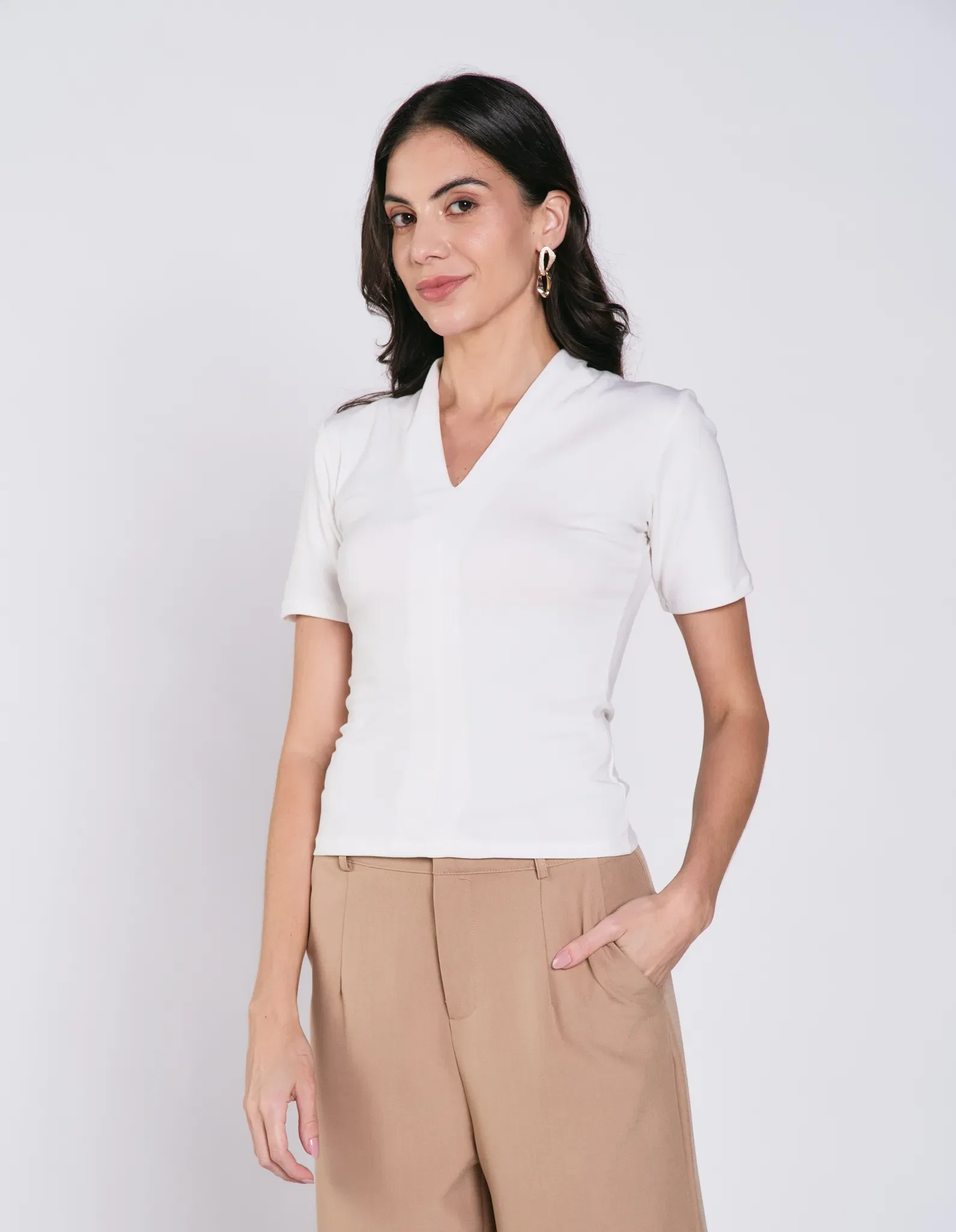 Blusa Manga Curta Decote v - Off White