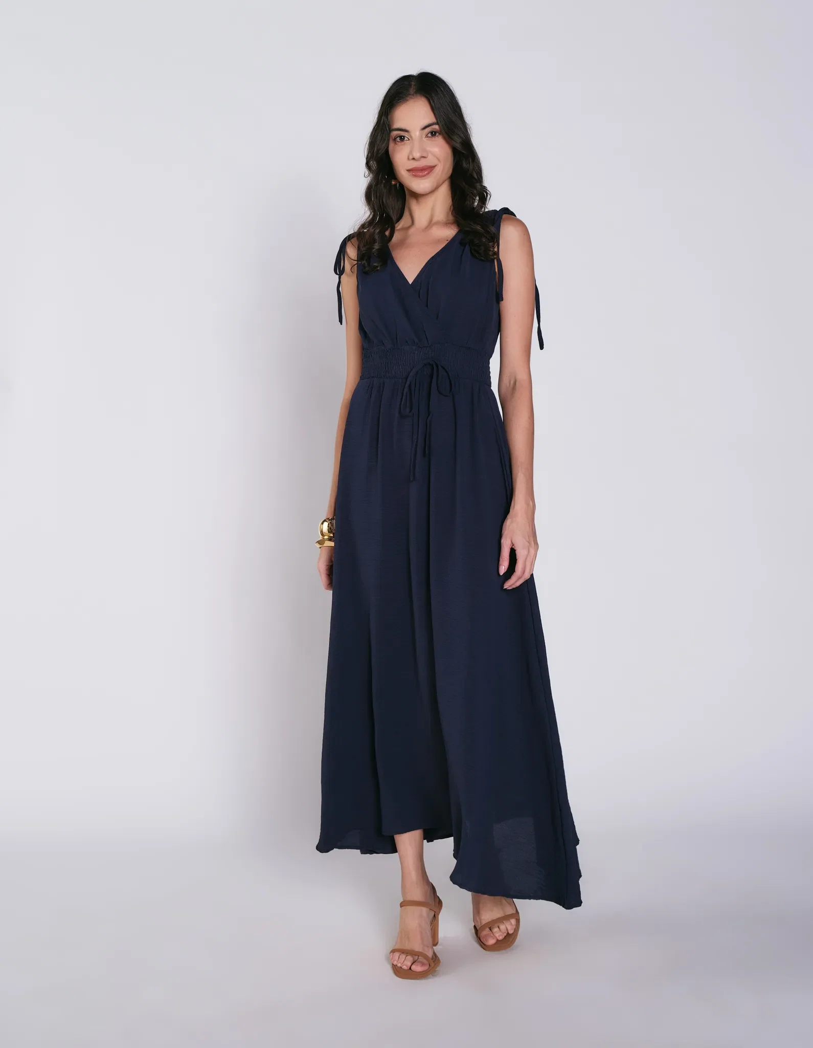 Vestido Longo Detalhe Cintura Lastex - Marinho — imagem 1