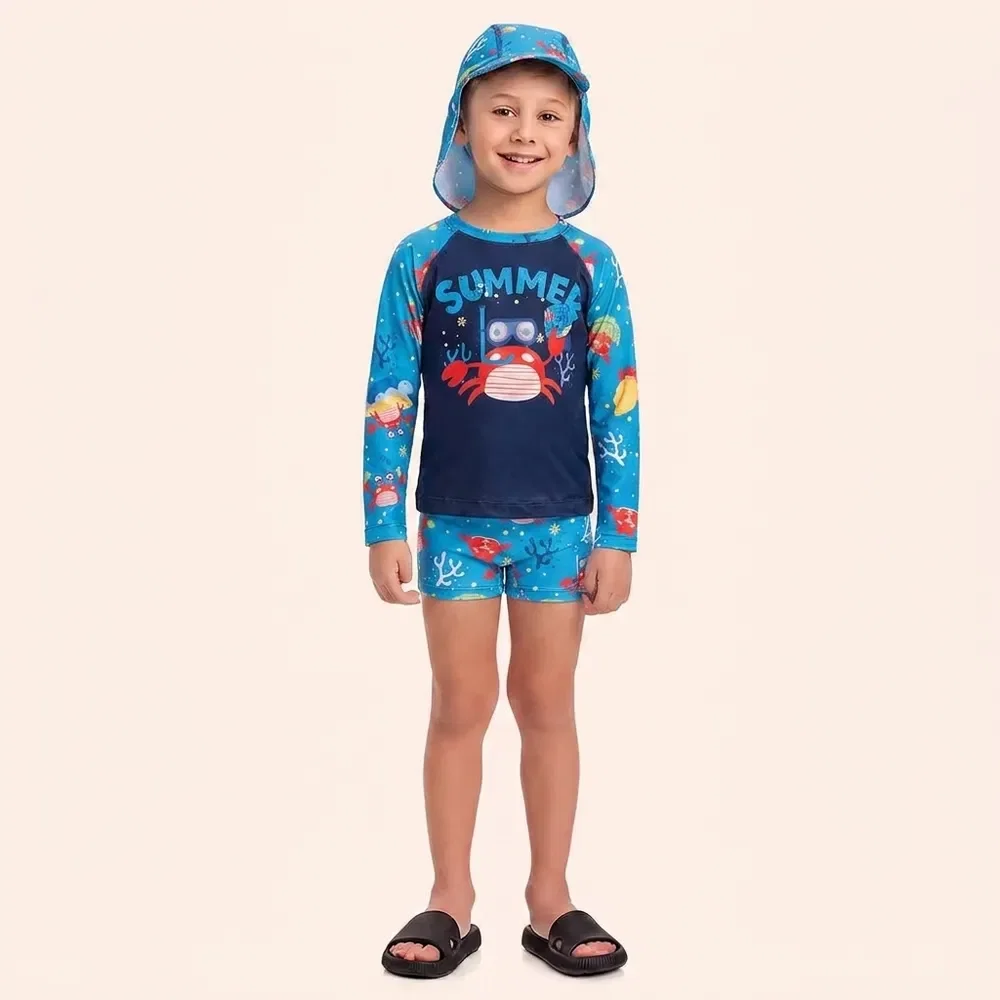 Conjunto infantil camiseta manga longa sunga boxer e chapéu com proteção uv