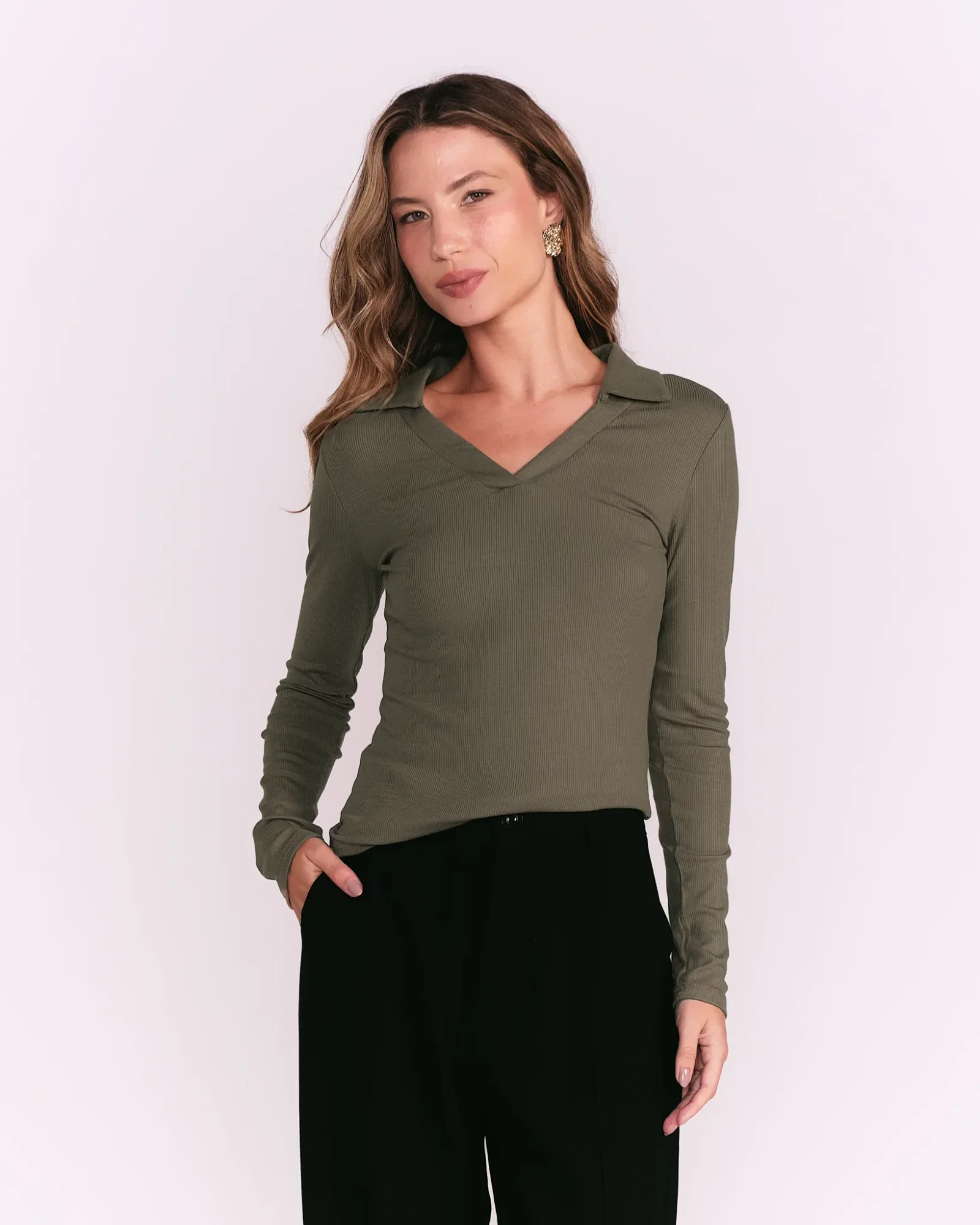 Blusa Manga Longa Com Gola - Verde — imagem 1