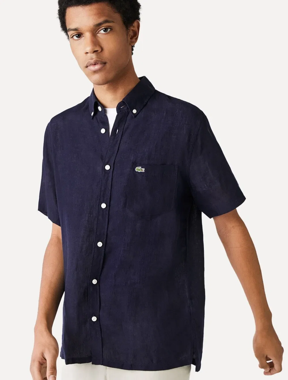 Camisa Lacoste Masculina Manga Curta Regular Linho Azul Marinho