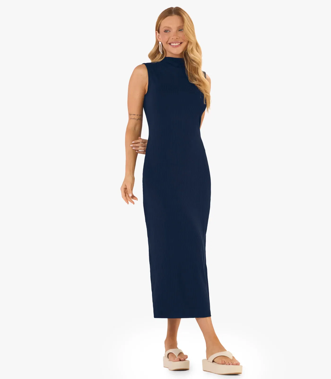 Vestido Midi Ribana Canelada Rovitex Azul — imagem 1