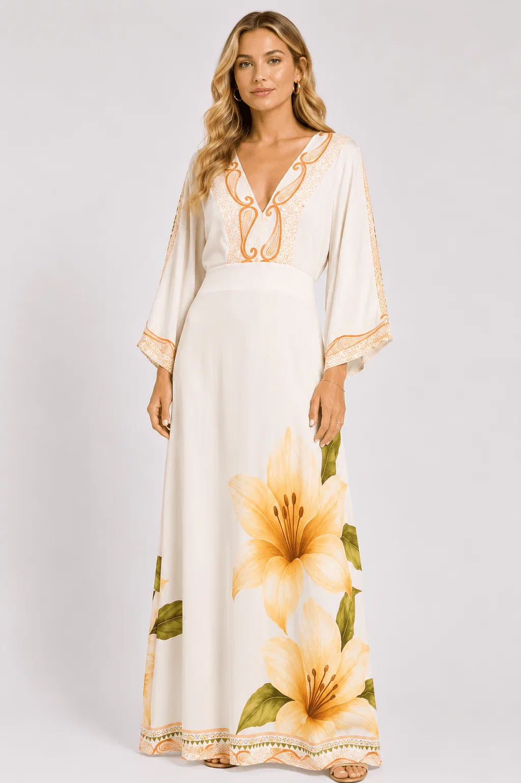 Vestido Manga 7/8 Estampado Lírio Solar - Areia