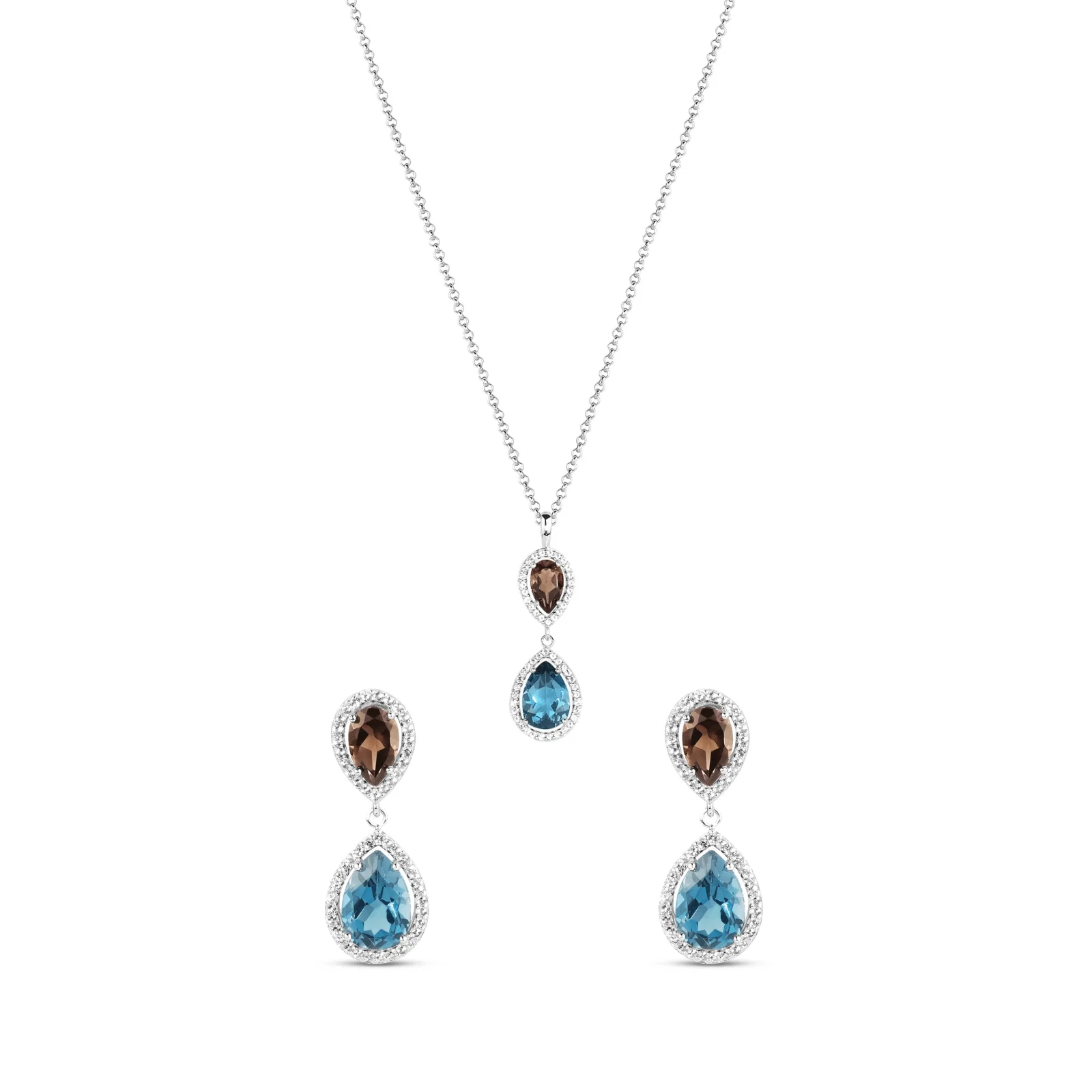 Conjunto Brinco e Colar Ocean em Prata 925 com Quartzon Fumê e Topázio London