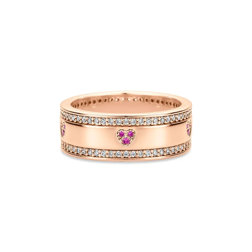 Anel Life Love Locker Coração em Liga Rosé com Banho de Ouro Rosé 18k e Pedras Rosas e Incolores