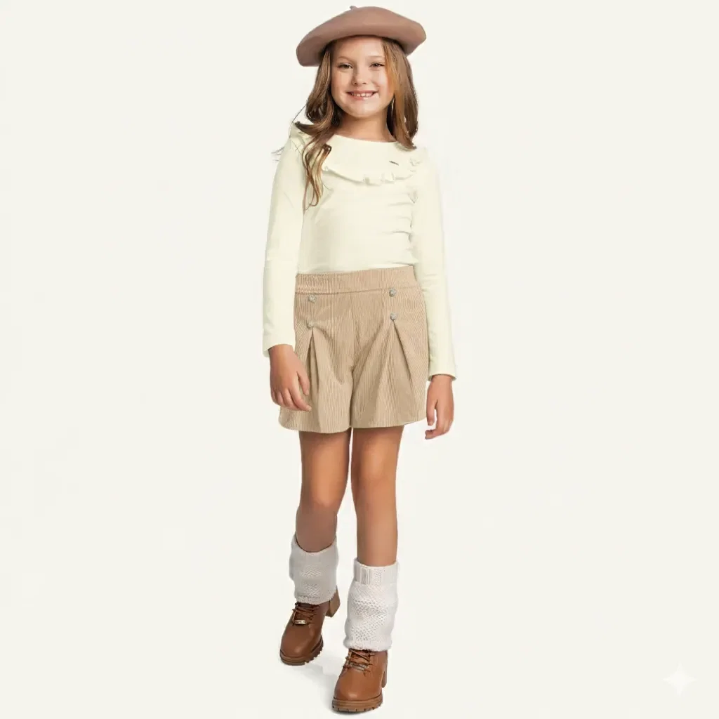 Conjunto blusa manga longa em cotton e short em veludo cotelê — imagem 1