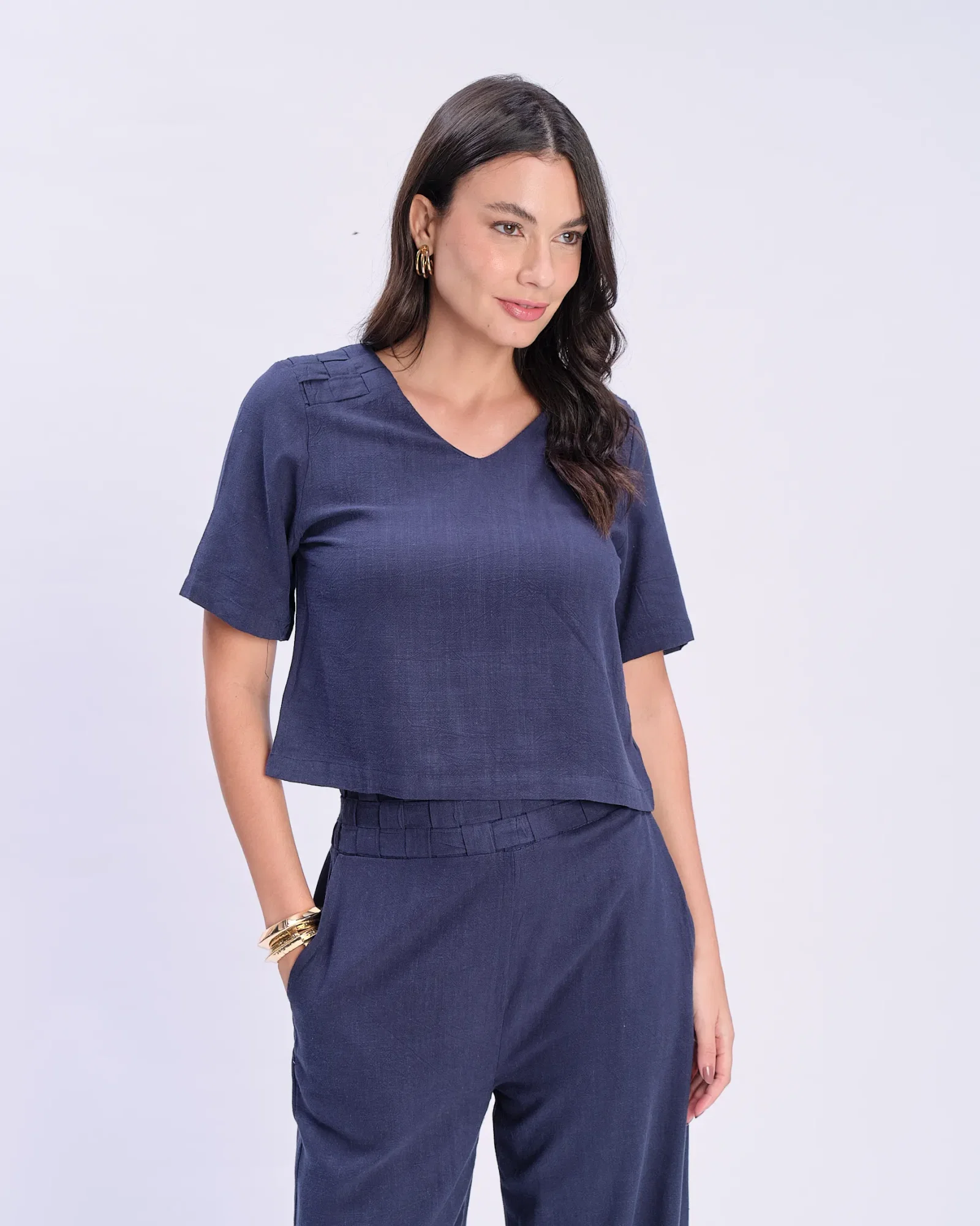 Blusa Ampla Linho Detalhe Tramado - Azul Marinho