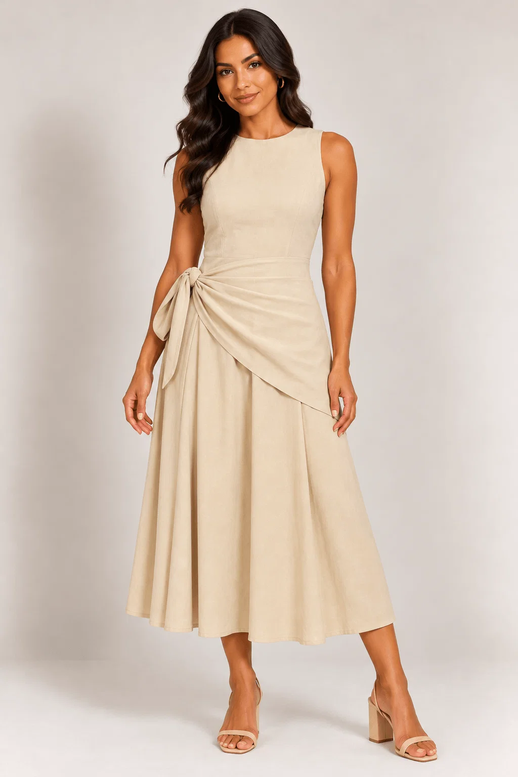 Vestido Midi Detalhe Lenço Amarração - Areia