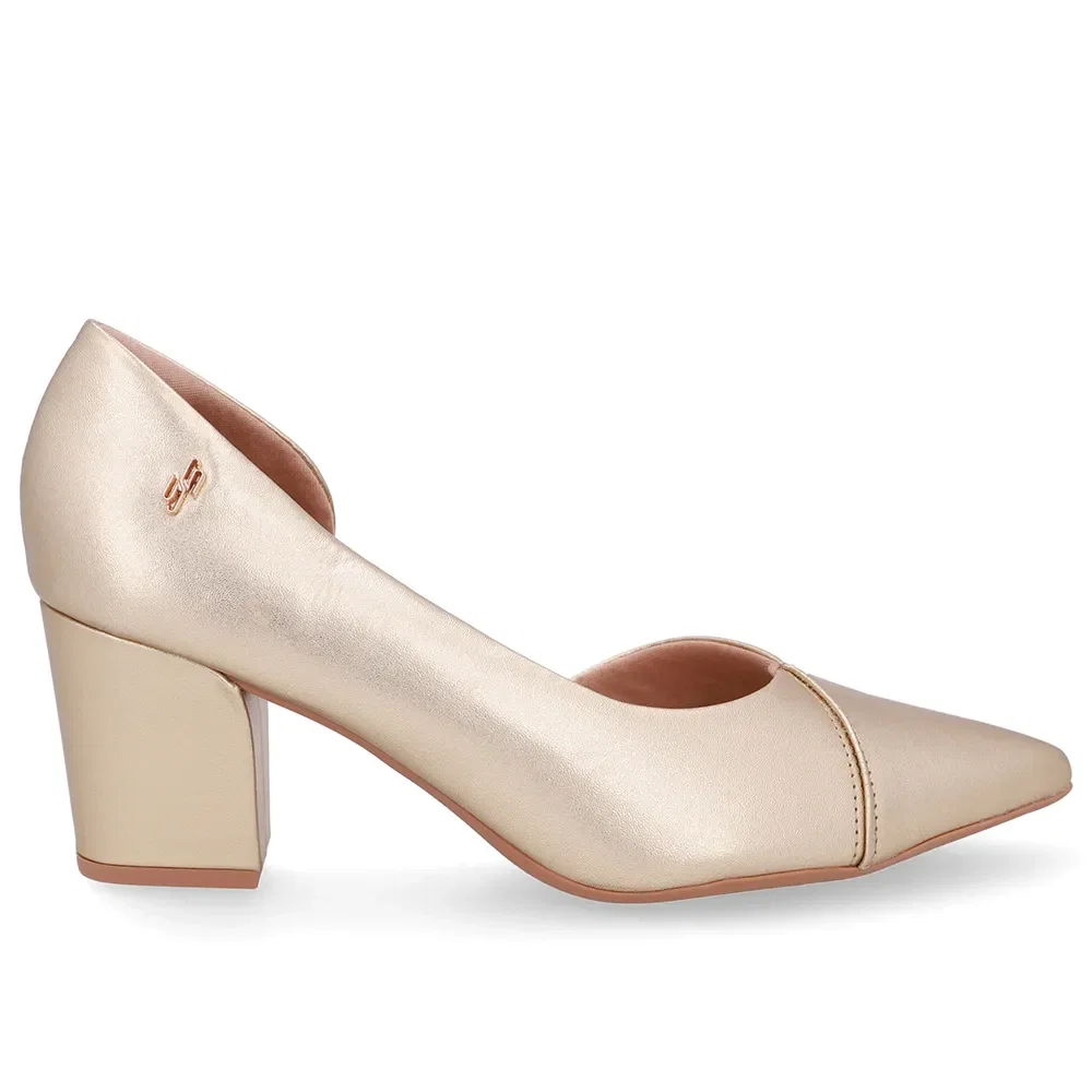 Scarpin Couro Dourado Bico Fino Recorte Lateral — imagem 1