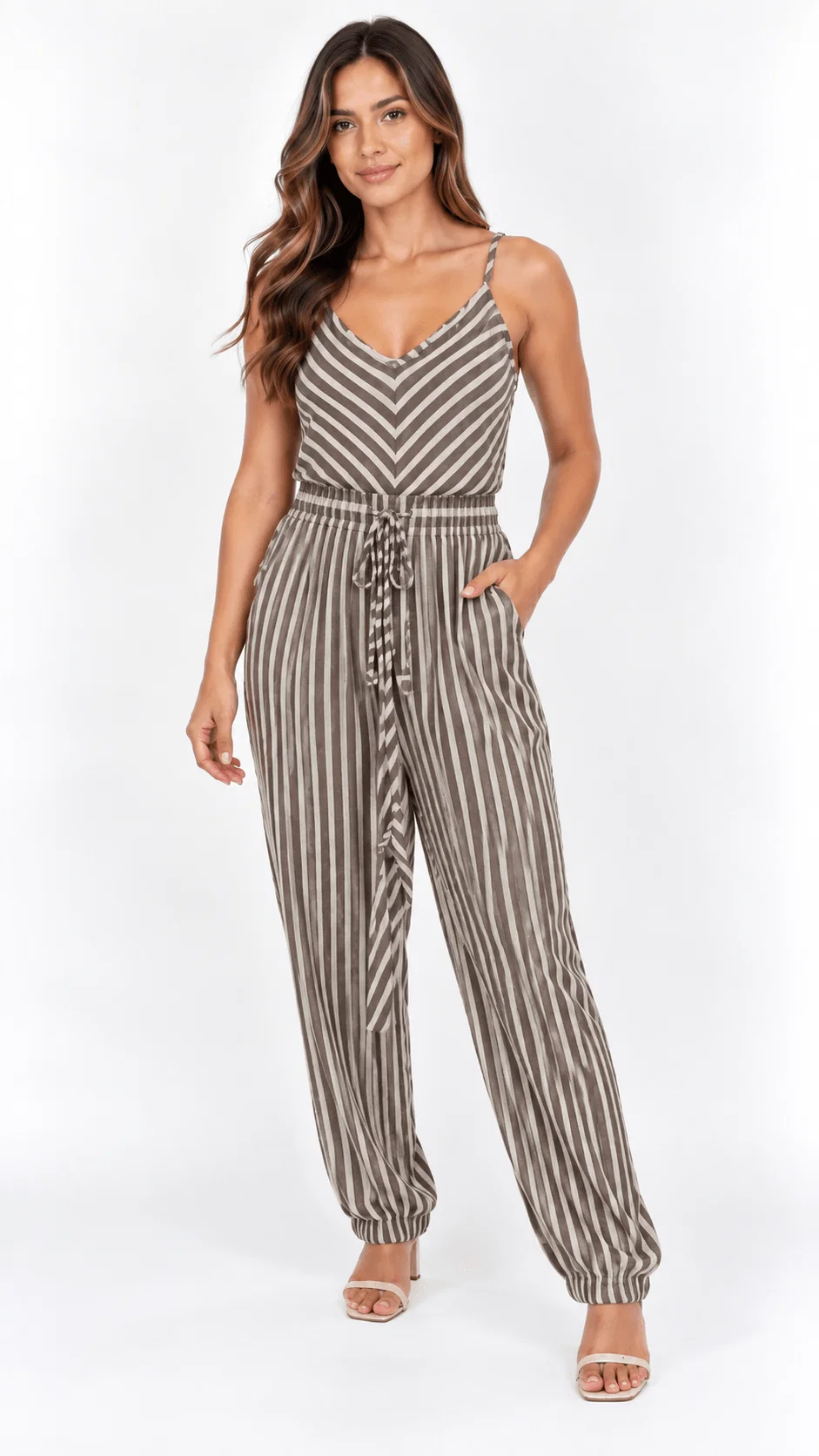Calça Jogger Cós Elástico Listrado - Marrom — imagem 1