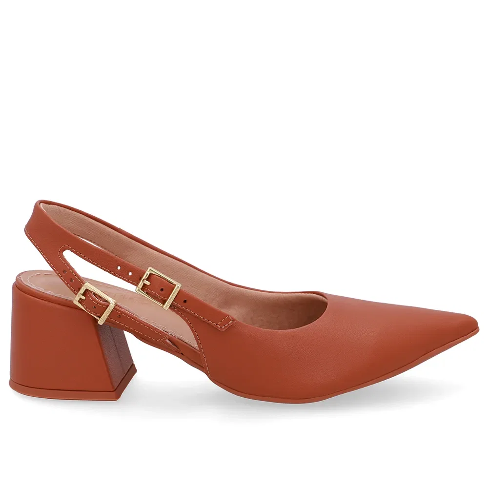 Slingback Marrom Salto Bloco Couro Tira Dupla Lateral — imagem 1