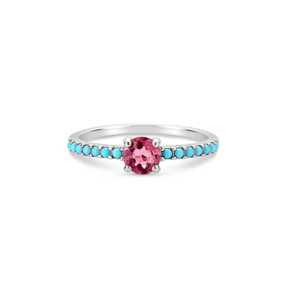 Anel Life My Garden II em Prata 925 com Turmalina Rosa e Turquesas
