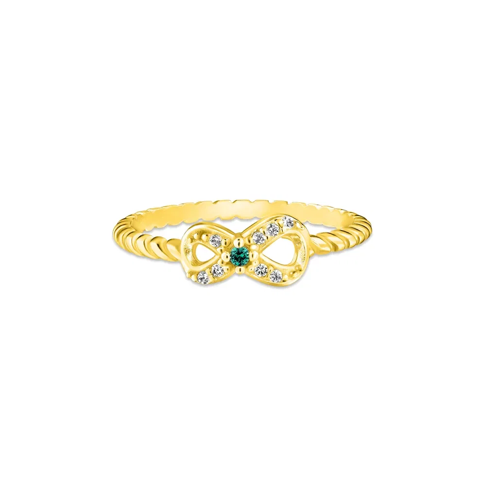 Anel Life Patuás Infinito em Prata 925 com Banho de Ouro Amarelo 18k e Pedras Verde e Incolores