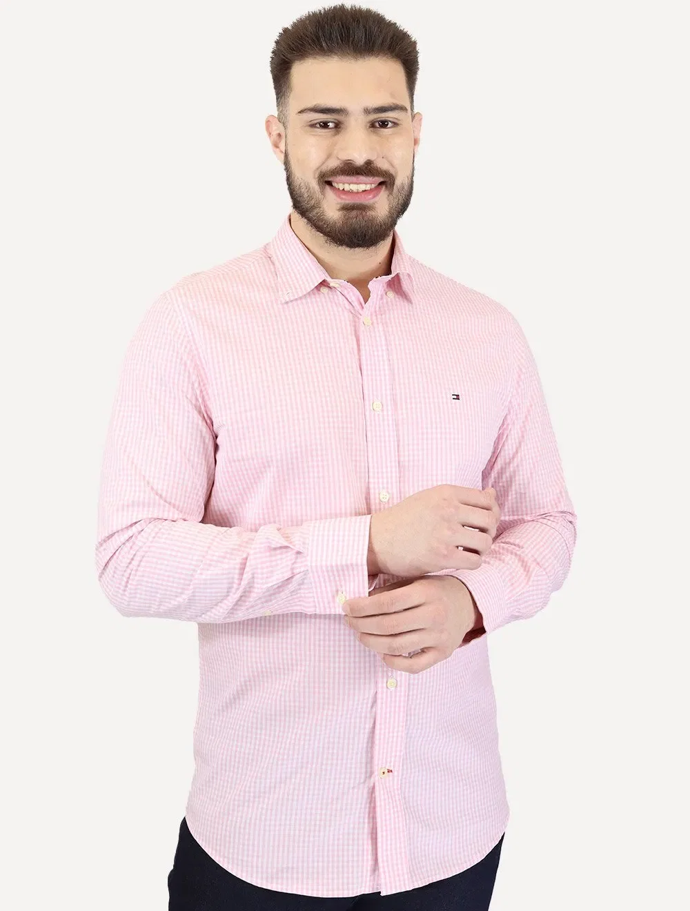 Camisa Tommy Hilfiger Masculina Xadrez Gingham Branca / Rosa Médio — imagem 1