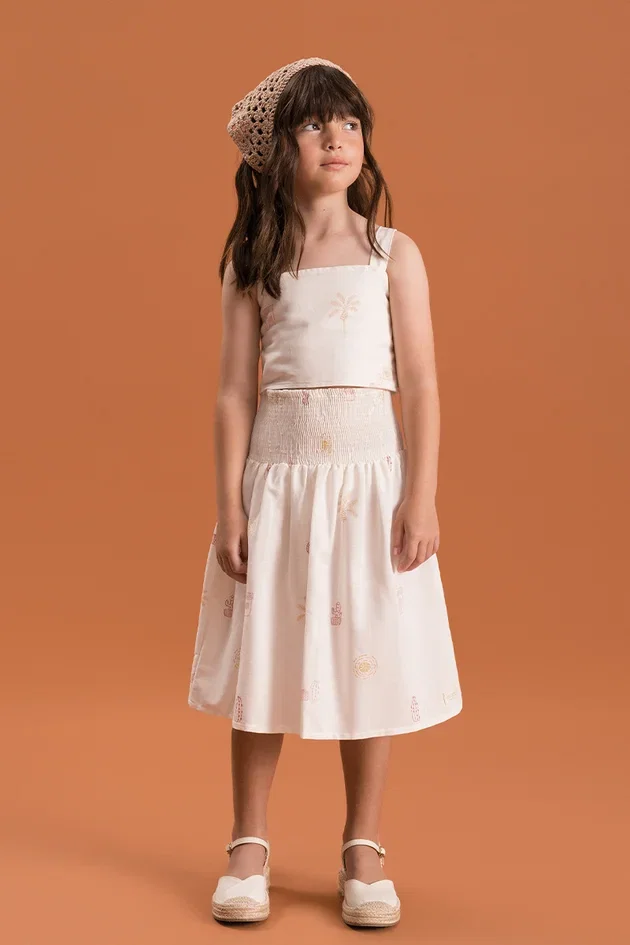 Conjunto Infantil Cropped e Saia Midi em Algodão e Viscose com Toque Artesanal