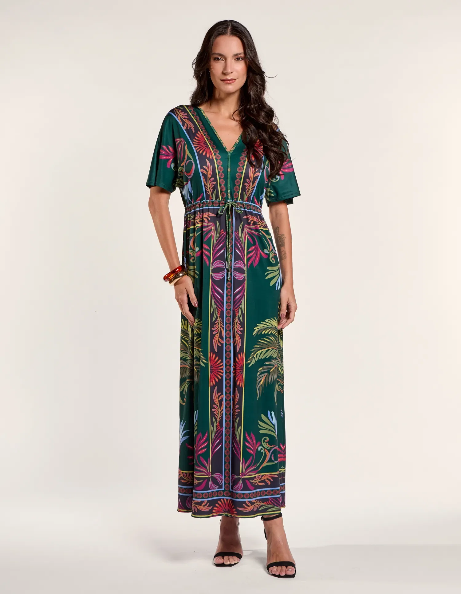 Vestido Longo Estampado Coqueiro Rústico - Verde Garrafa