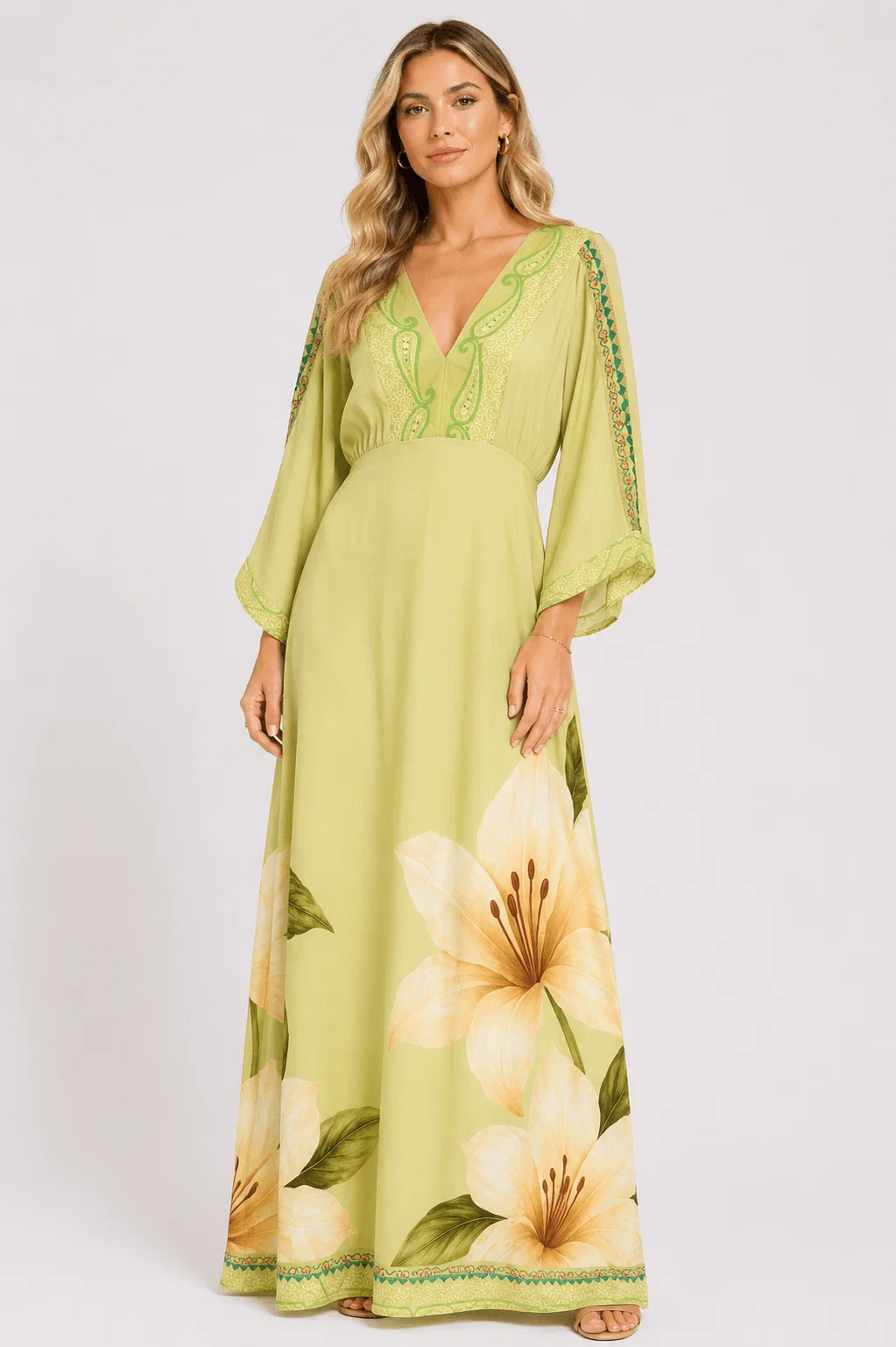 Vestido Manga 7/8 Estampado Lírio Solar - Verde