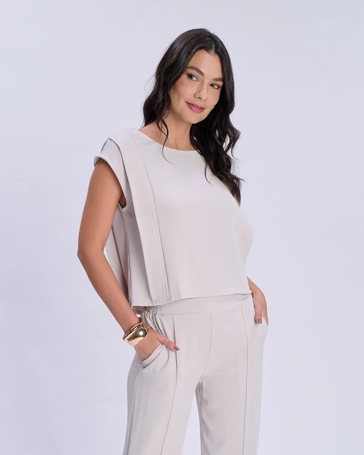 Blusa Alfaiataria Detalhe Pesponto - Areia