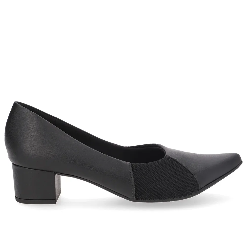 Scarpin Couro Preto Bico Fino Lateral Tecido — imagem 1