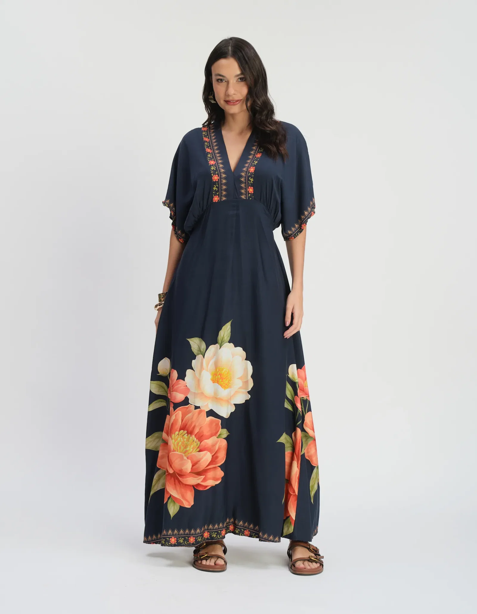 Vestido Longo Estampado Flor Pôr do Sol - Azul Marinho — imagem 1