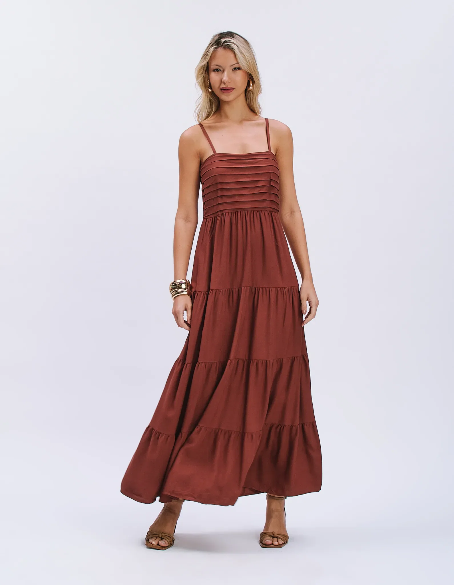 Vestido Longo Busto Drapeado - Marrom — imagem 1