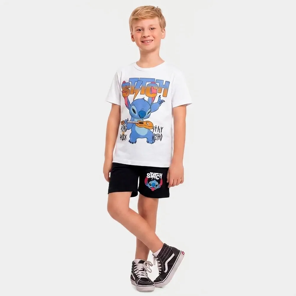 Conjunto infantil camiseta meia malha e bermuda moletinho Stitch — imagem 1