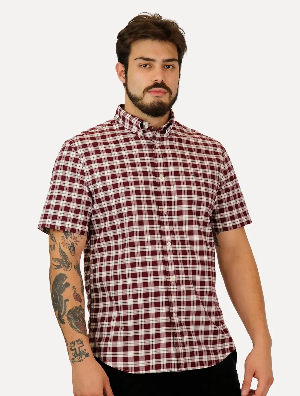 Camisa Tommy Hilfiger Masculina Manga Curta Regular Small Check Xadrez Marsala