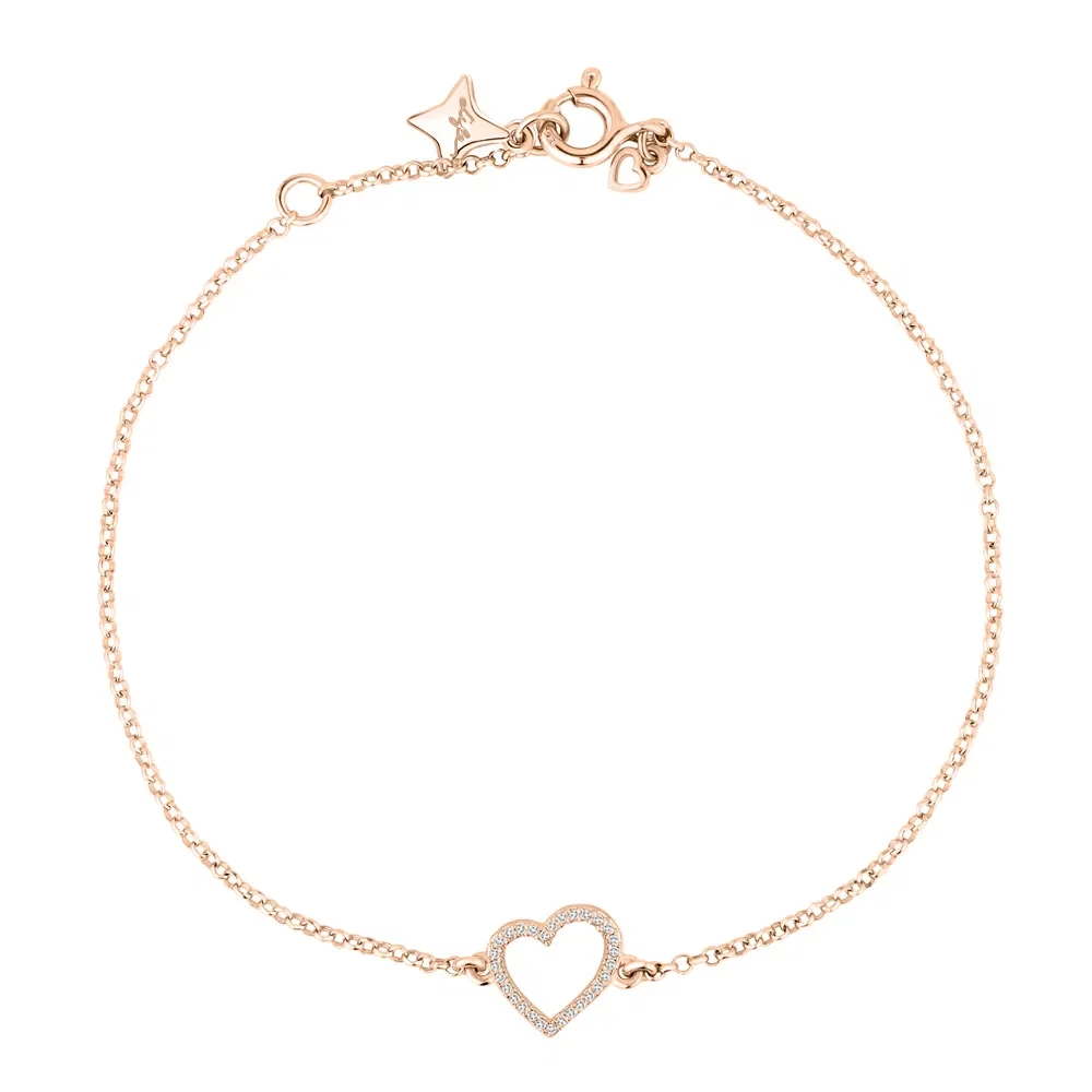 Pulseira Life Love Coração em Liga Rosé com Banho de Ouro Rosé 18k e Pedras Incolores