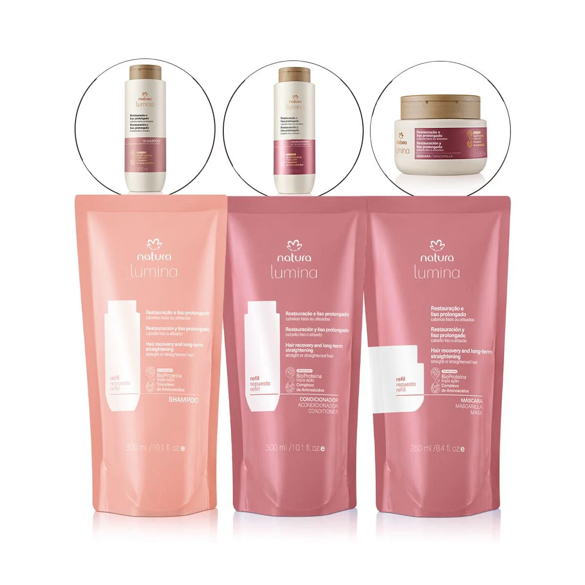 Kit Refil Shampoo, Condicionador e Máscara Lumina para Restauração e Liso Prolongado