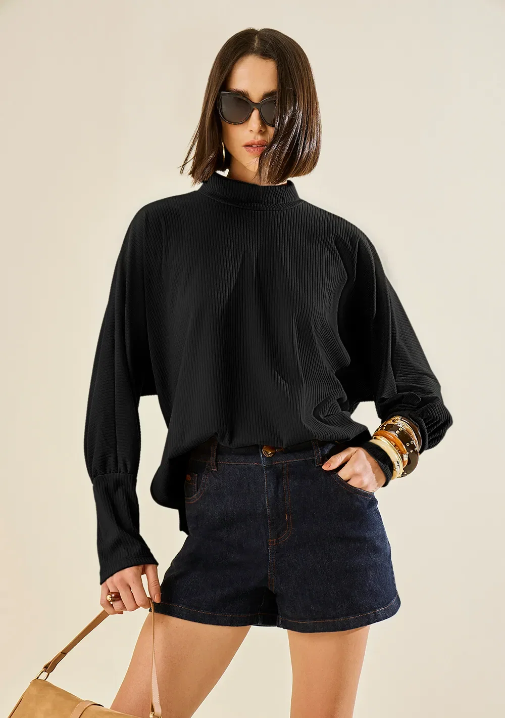 Blusa Morena Rosa Ajustada Gola Alta Manga Longa Padrão Preto — imagem 1