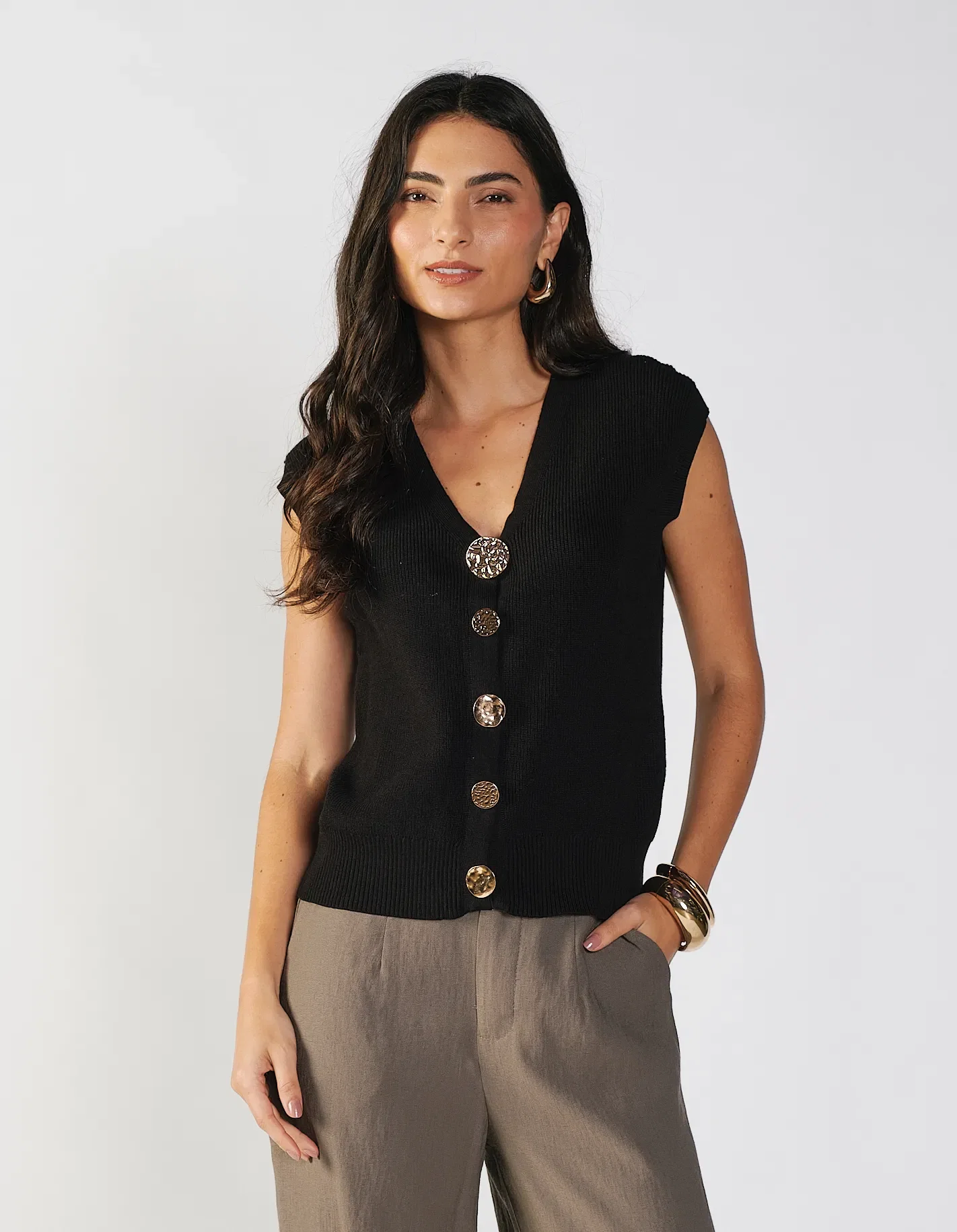 Blusa Tricot Botões Orgânico - Preto — imagem 1