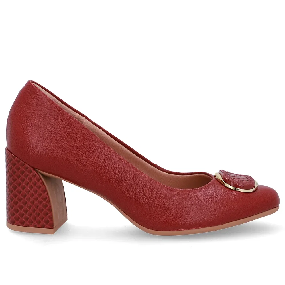 Scarpin Vermelho Couro Salto Geométrico Enfeite