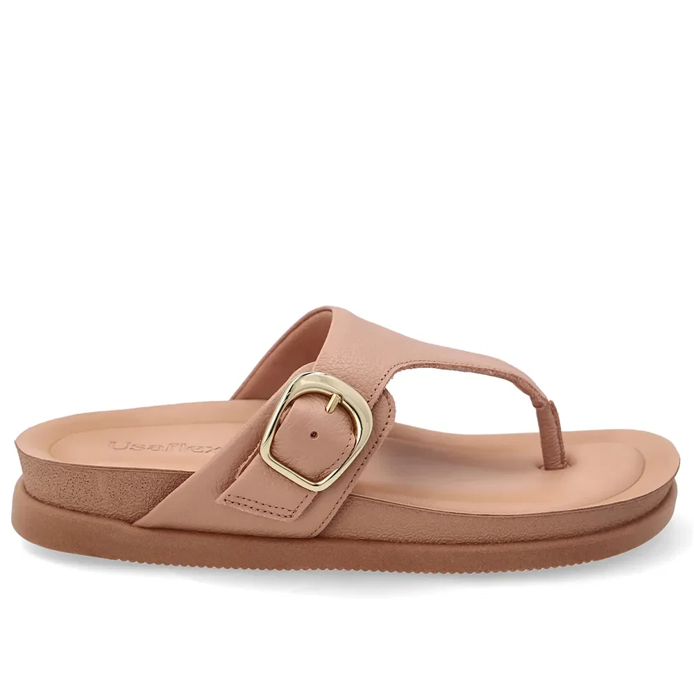 Chinelo Em Couro Bege Com Detalhe Fivela