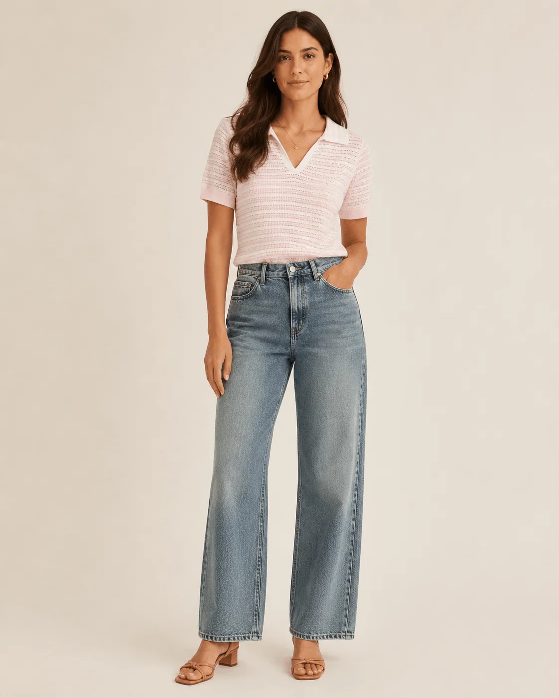 Blusa Tricô Decote v Gola Polo Listrada - Rosa Com Branco — imagem 1