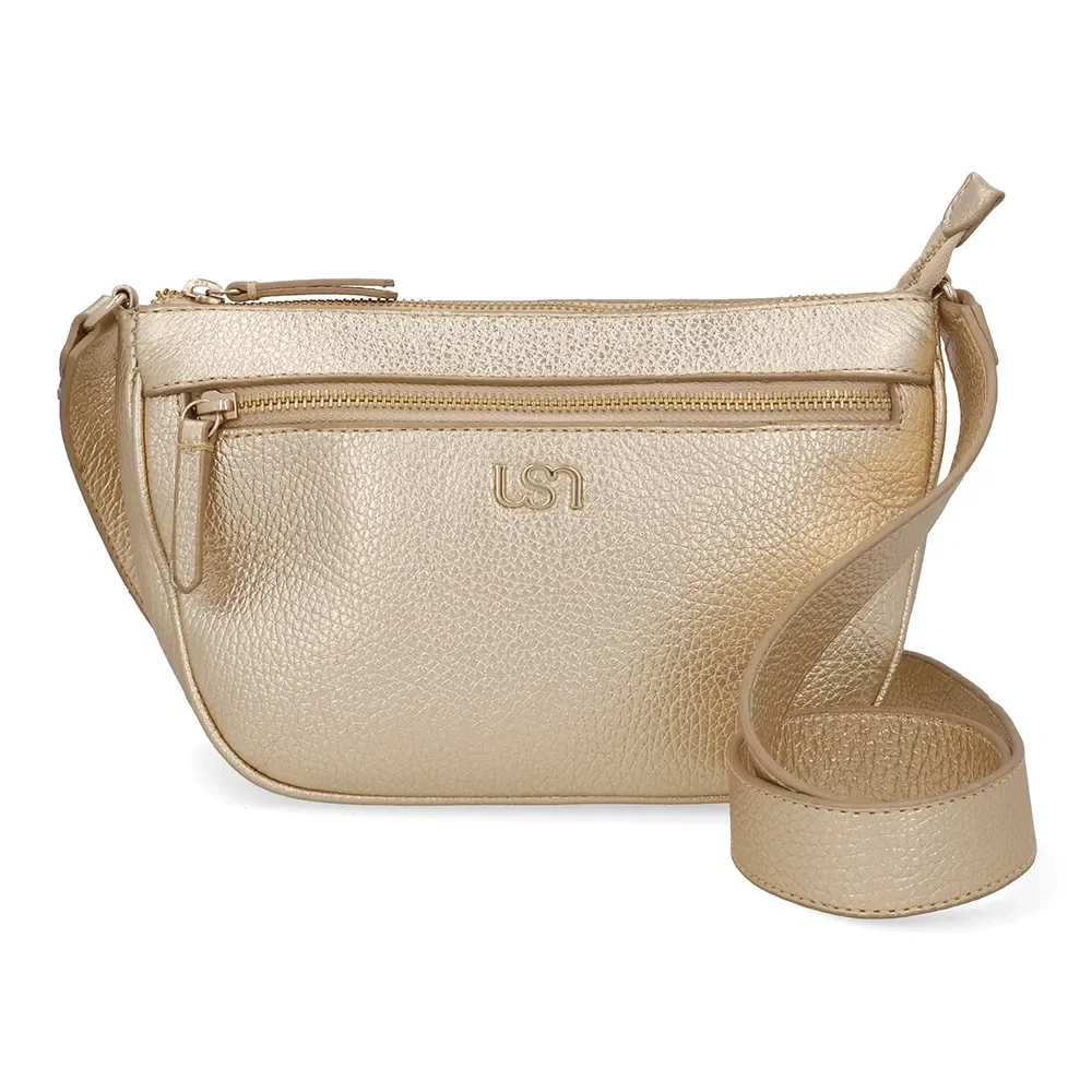 Bolsa Tiracolo Couro Metalizada Ouro Zíper Frontal — imagem 1