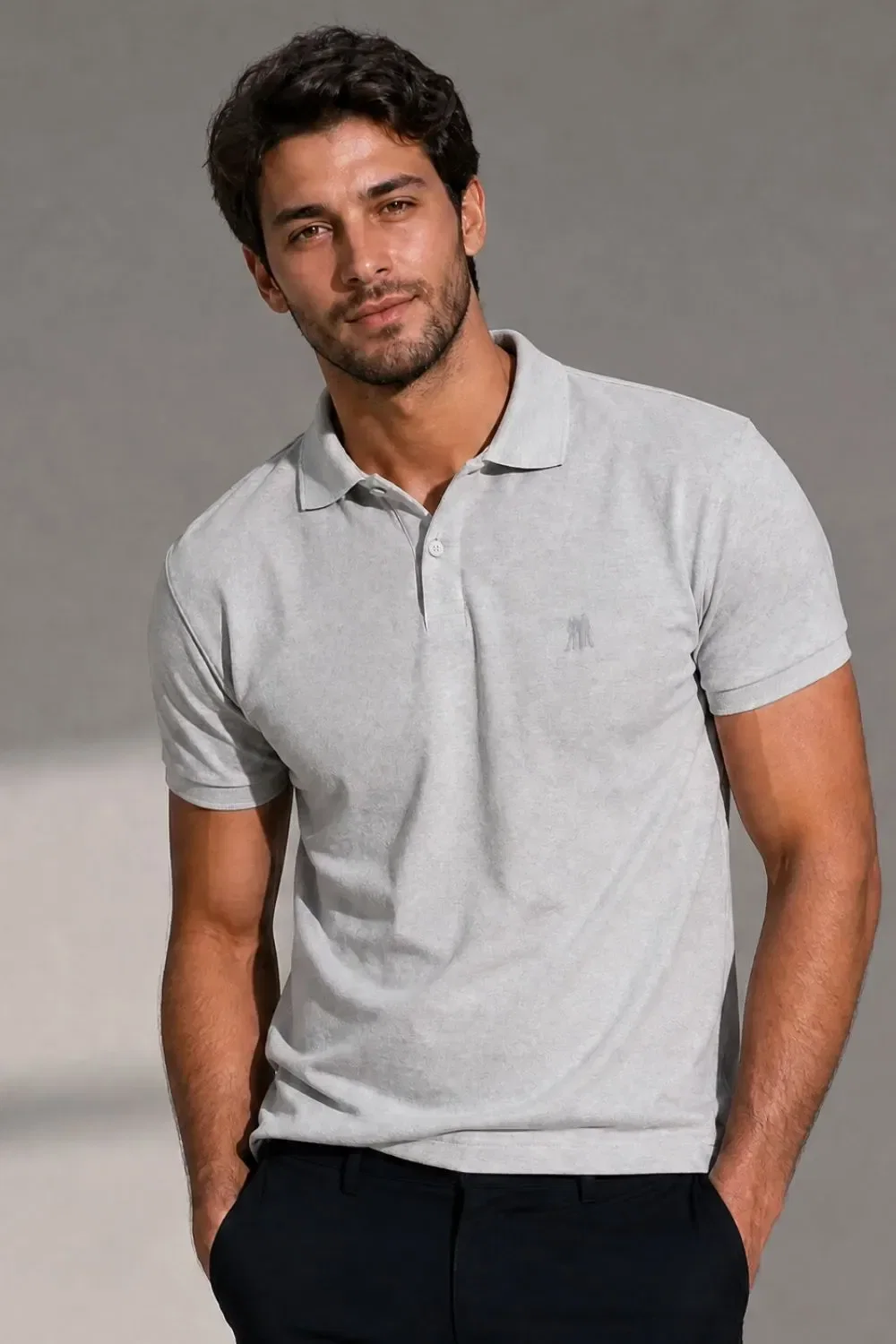 Polo Piquet Com Botão Lisa Polo Wear Cinza Claro