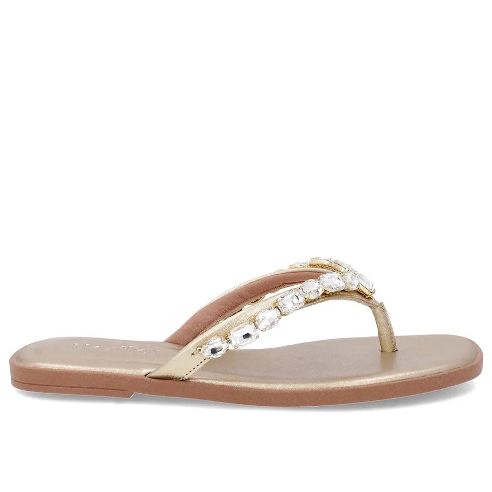 Chinelo Salto Rasteiro Couro Dourado Enfeite — imagem 1