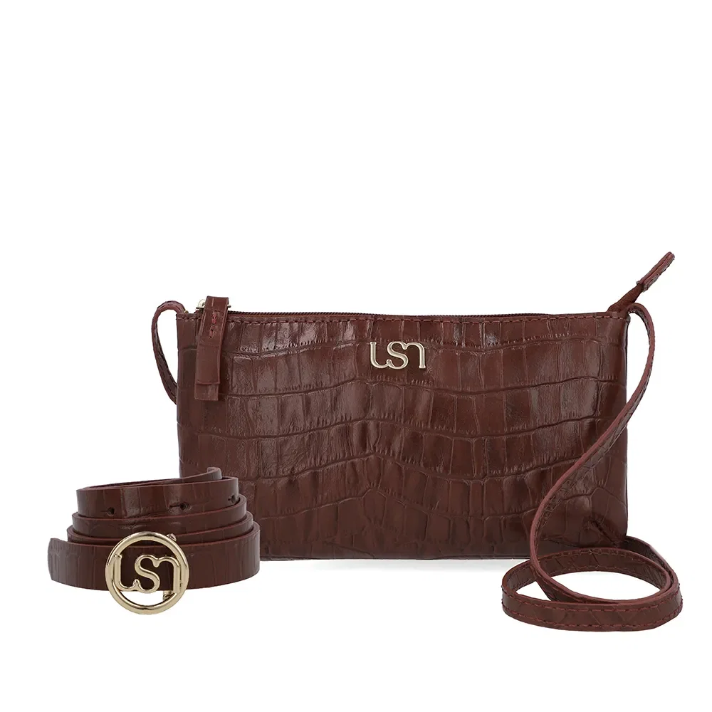Kit Bolsa Tiracolo Cinto Couro Croco Vermelho — imagem 1