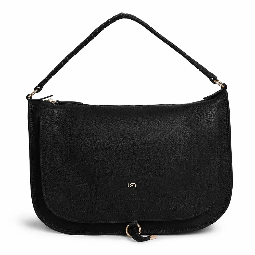 Bolsa Hobo Preta em Couro com Detalhe Transpassado — imagem 1