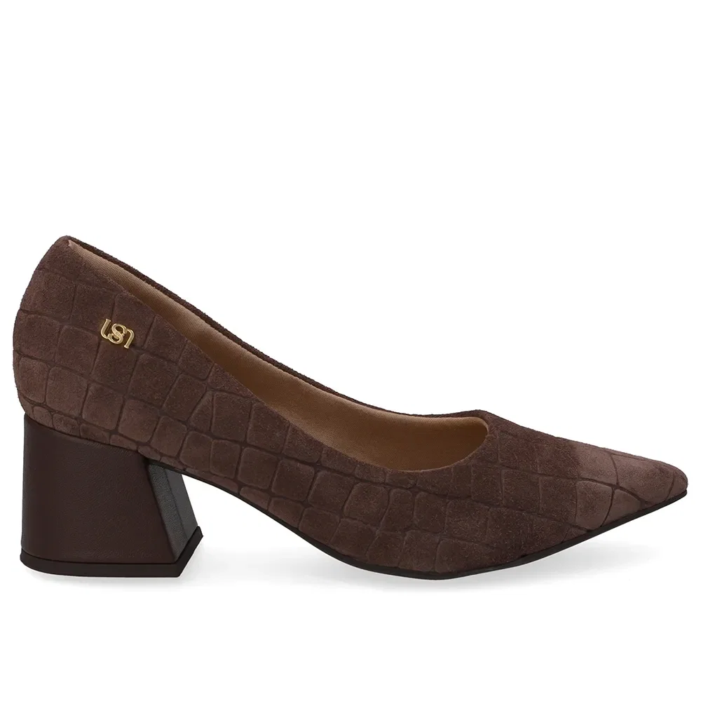 Scarpin Marrom Bico Fino Croco Camurça — imagem 1