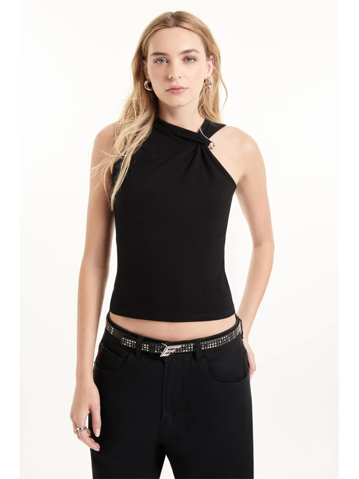 Blusa Rib Draped Piercing Preto