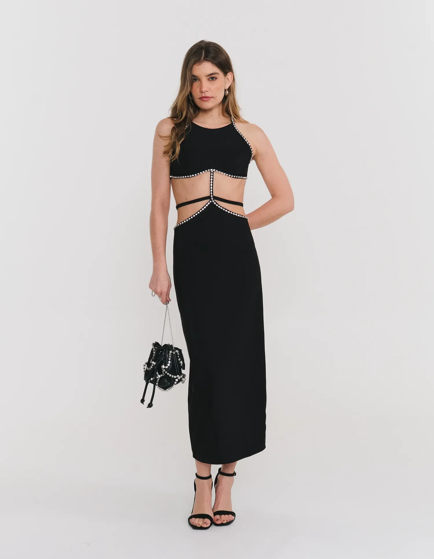 Vestido Malha Bordado c Pedraria - Preto