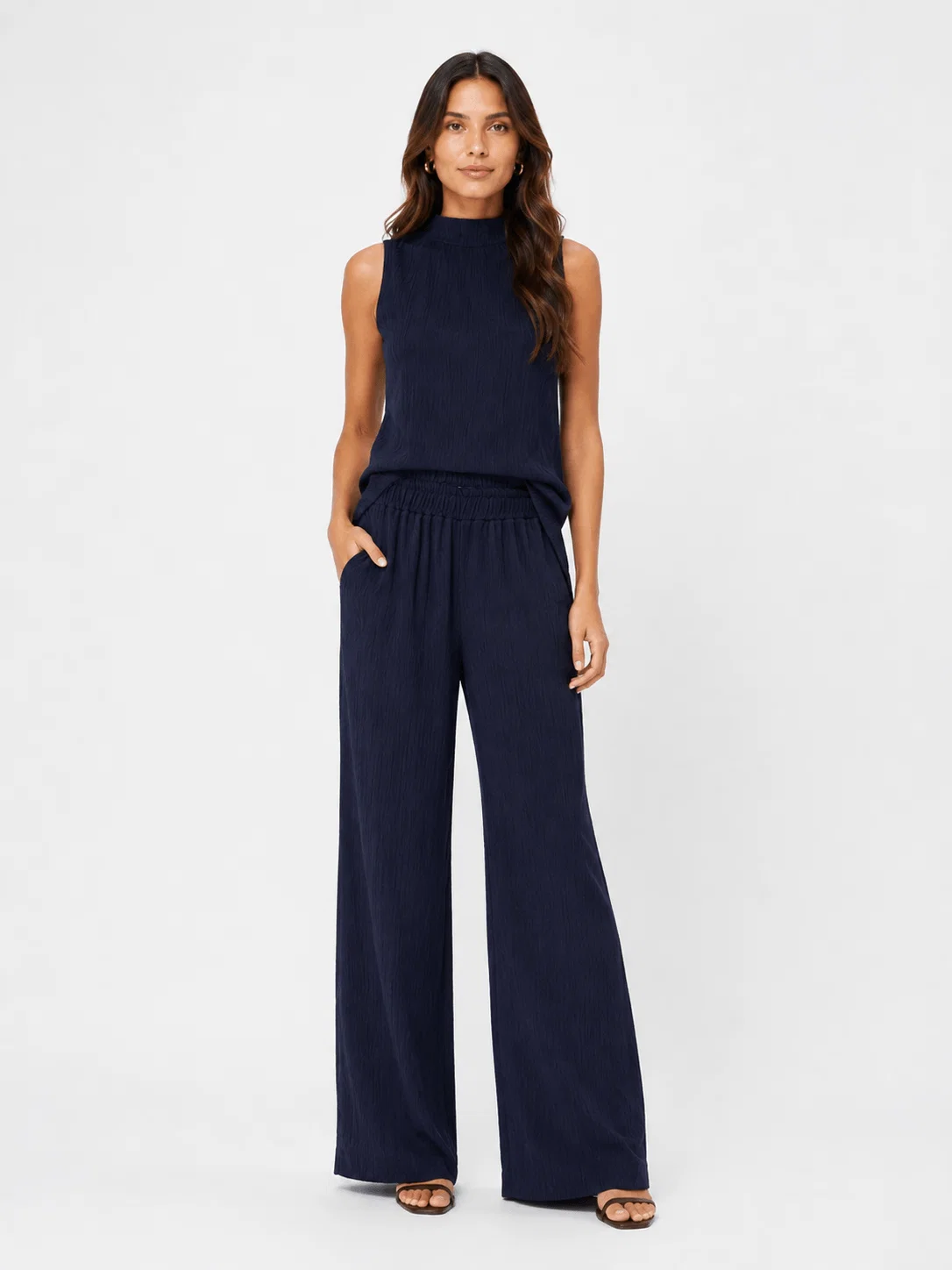 Calça Pantalona Texturizada - Azul Marinho