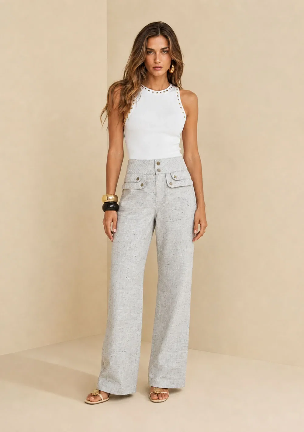 Calça Pantalona Alta Bege