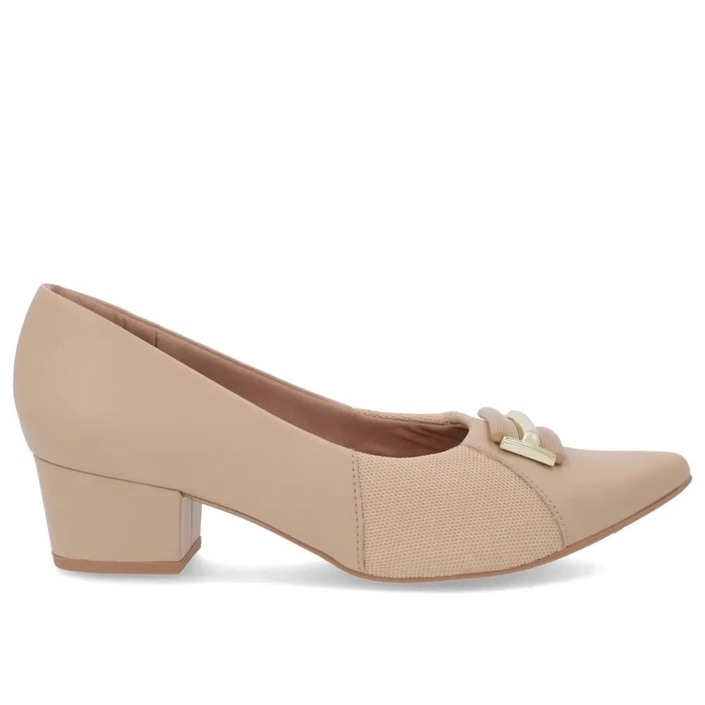Scarpin Bico Fino Couro Bege Detalhe Tecido — imagem 1