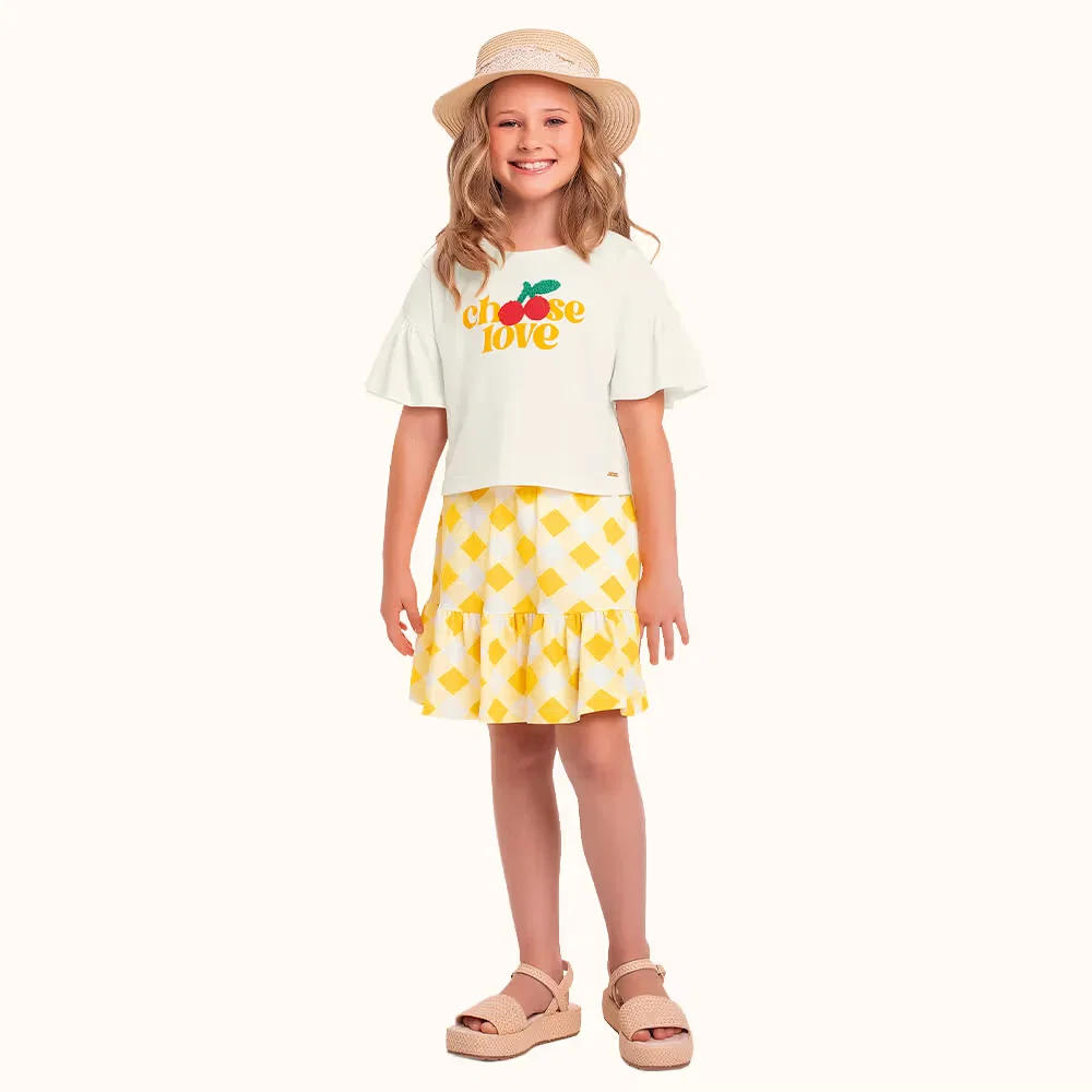Conjunto blusa em meia malha e short saia em malha favo com bordado — imagem 1