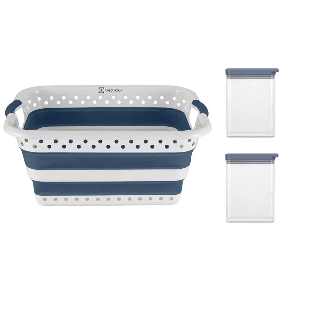 Kit Cesto para Roupas Dobrável Electrolux 40 Litros Branco e Azul + 2 Potes Herméticos Organizadores Electrolux Experience Empilhável Modular 1,75L — imagem 1