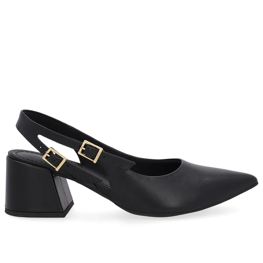 Slingback Preto Salto Bloco Couro Tira Dupla Lateral — imagem 1