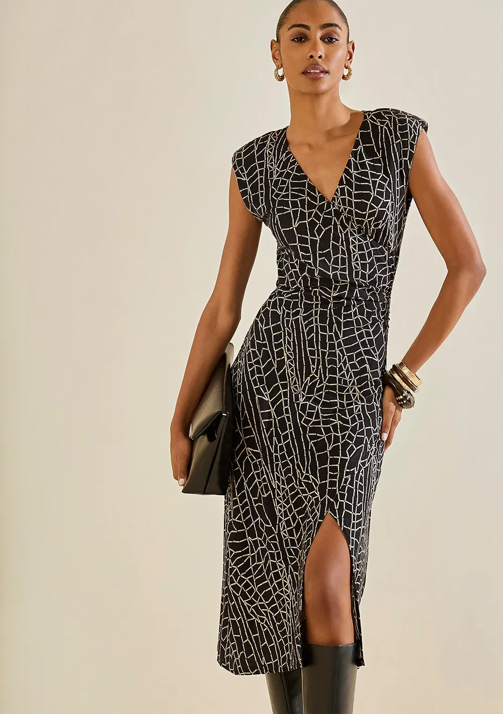Vestido Morena Rosa Ajustado Decote Transpassado Sem Manga Midi Preto / Branco